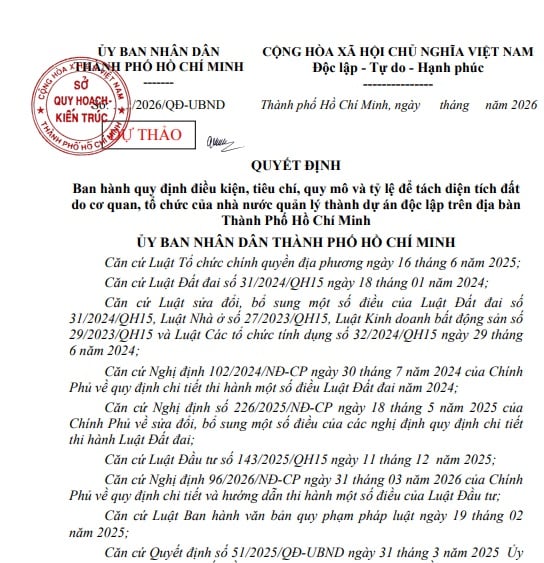 Dự thảo Quyết định về điều kiện tách diện tích đất thành dự án độc lập TPHCM