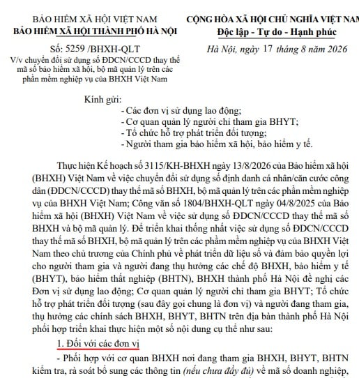 Công văn 5259 BHXH QLT Hà Nội sử dụng CCCD thay thế mã số BHXH