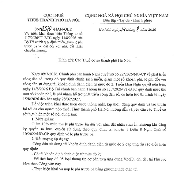 Công văn 43570/HAN-QLĐ Thuế Hà Nội hướng dẫn miễn, giảm lệ phí trước bạ nhà, đất chuyển nhượng