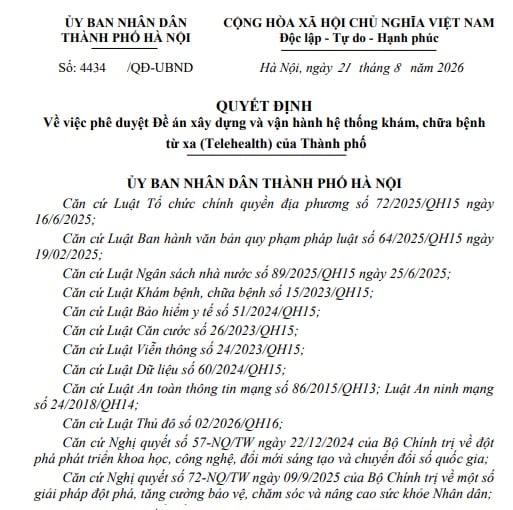 Quyết định 4434/QĐ-UBND Hà Nội về hệ thống khám chữa bệnh từ xa