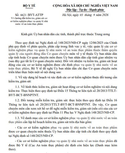 Công văn 6621 BYT ATTP Bộ Y tế hướng dẫn kiểm tra, giám sát cơ sở kiểm nghiệm an toàn thực phẩm