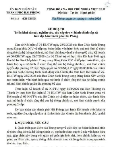 Kế hoạch 343/KH-UBND TP Hải Phòng về nghiên cứu sắp xếp đơn vị hành chính cấp xã