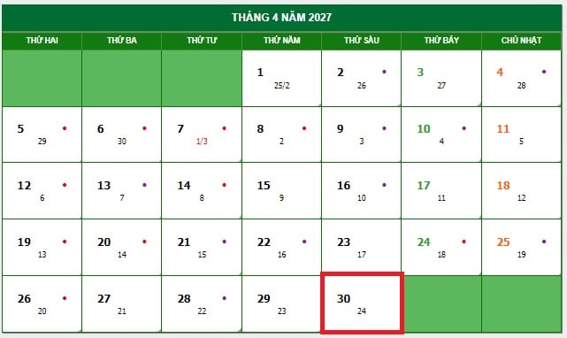 lịch nghỉ lễ 30 4