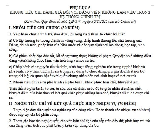 KHUNG TIÊU CHÍ ĐÁNH GIÁ ĐỐI VỚI ĐẢNG VIÊN KHÔNG LÀM VIỆC TRONG HỆ THỐNG CHÍNH TRỊ