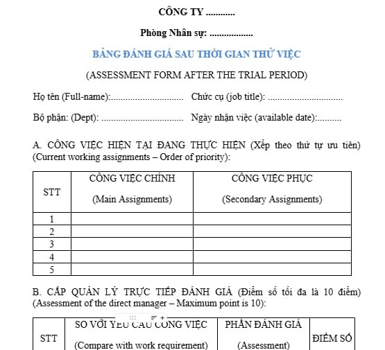 mẫu đánh giá thử việc