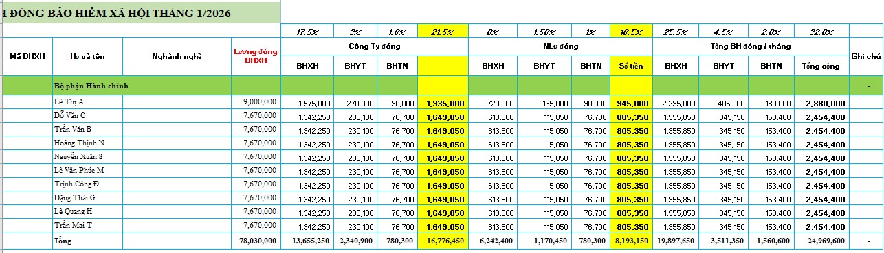 Tham khảo File Excel tính mức đóng bảo hiểm xã hội 2026