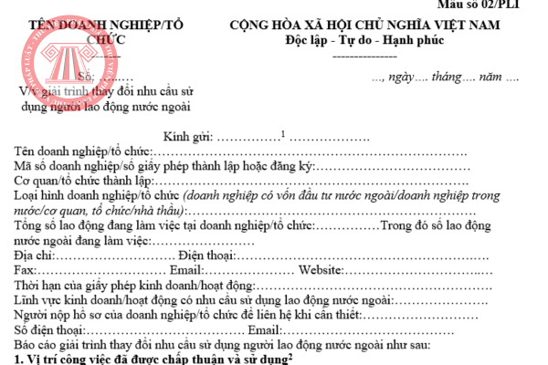 Tải về chi tiết mẫu giải trình thay đổi nhu cầu sử dụng người lao động nước ngoài 2025