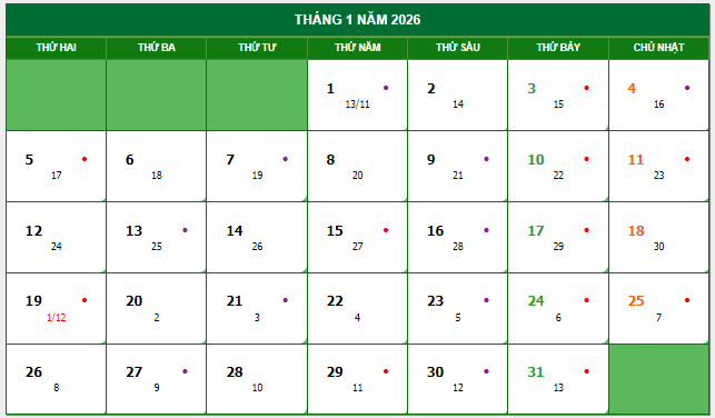 Lịch tháng 1/2026