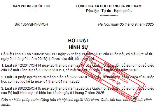 Bộ luật Hình sự 2015 sửa đổi bổ sung 2025 hợp nhất