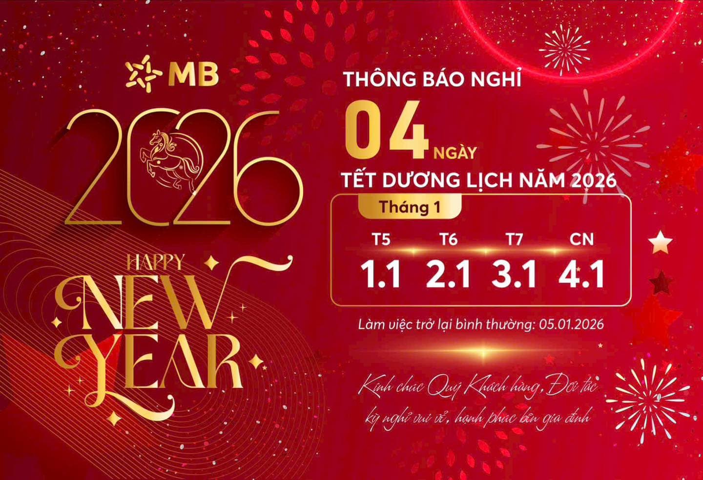 Lịch nghỉ Tết Dương lịch 2026 ngân hàng MBBank