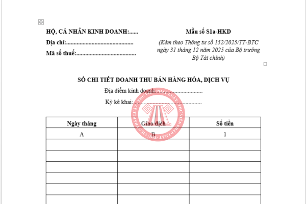 Mẫu sổ ghi chép doanh thu cho hộ kinh doanh dưới mức đóng thuế từ 01/01/2026 (Mẫu số 01a-HKD)