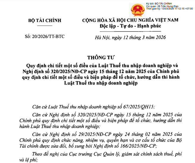 Thông tư thuế tndn 2026