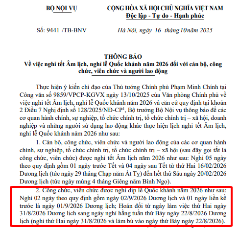 thông báo nghỉ quốc khánh 2026