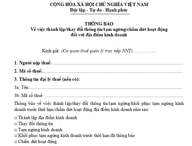 mẫu thông báo địa điểm kinh doanh hộ kinh doanh