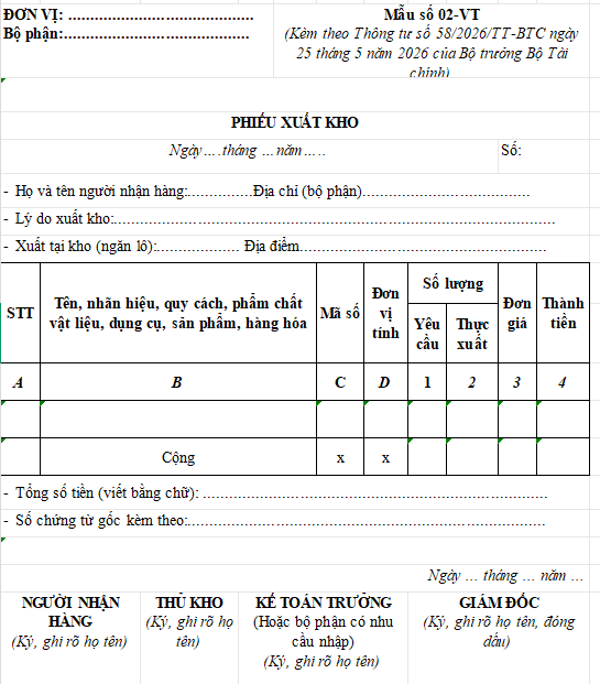 phiếu xuất kho excel
