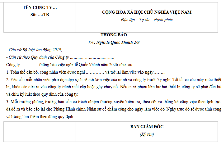 thông báo lịch nghỉ quốc khánh 2026