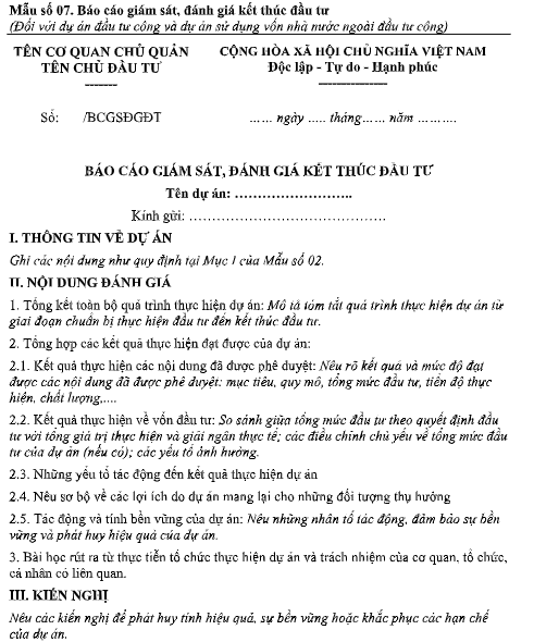  mẫu số 7 đánh giá kết thúc đầu tư