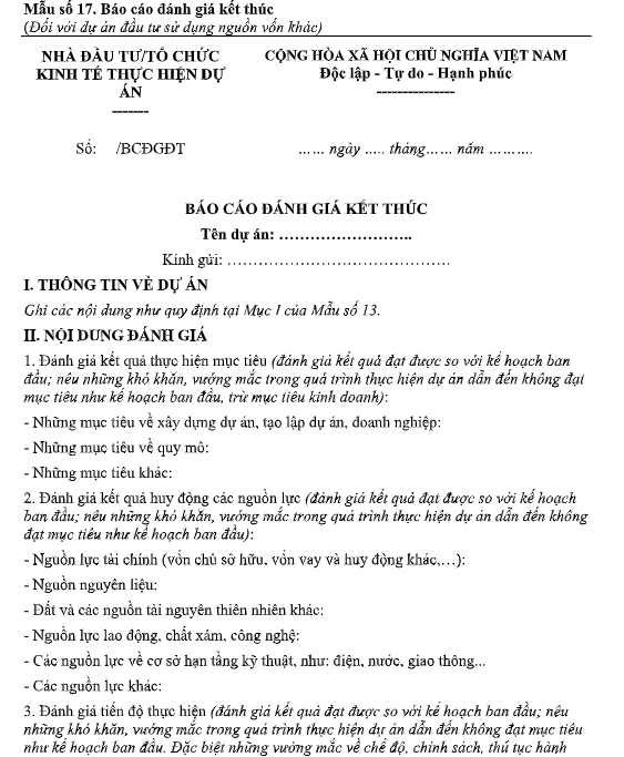 mẫu số 17 đánh giá kết thúc đầu tư