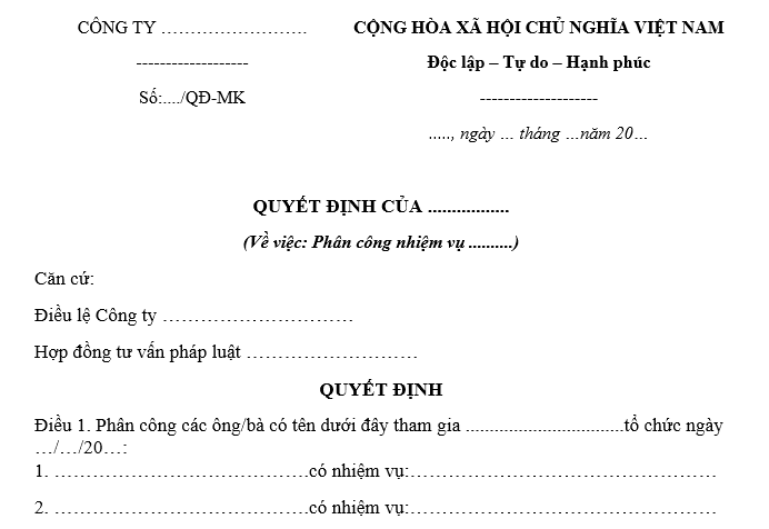 Mẫu quyết định phân công nhiệm vụ