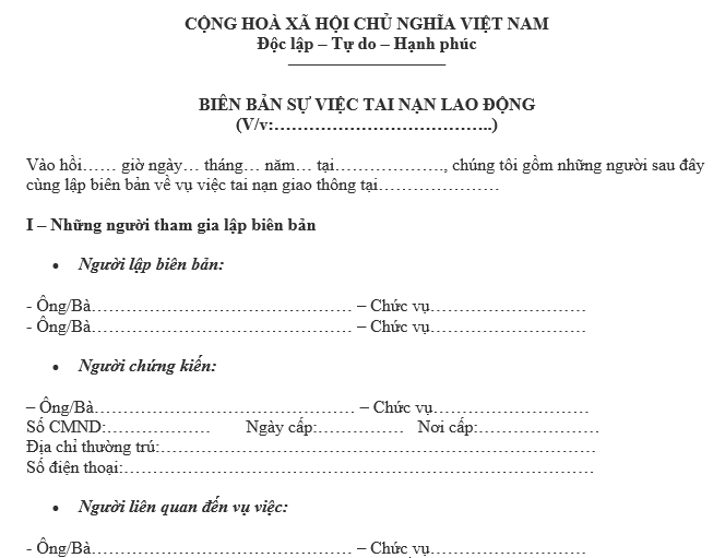 Biên bạn dạng vụ việc tai nạn ngoài ý muốn lao động