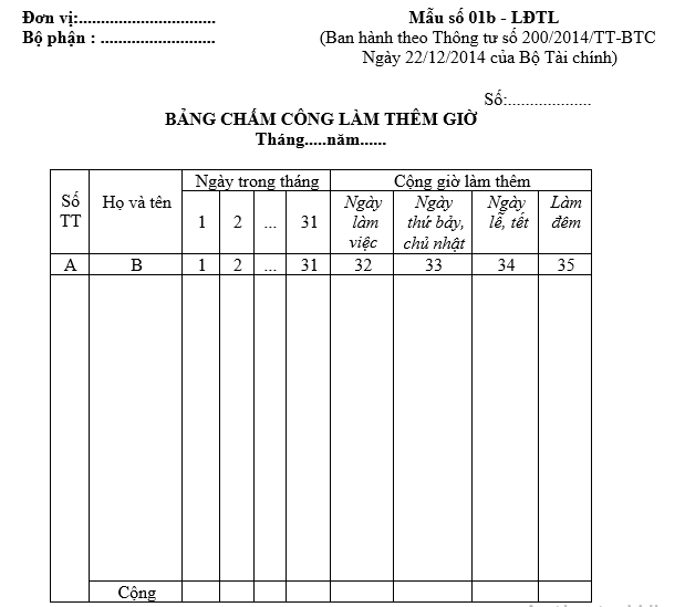 Mẫu lịch chấm công làm thêm giờ theo Thông tư 200