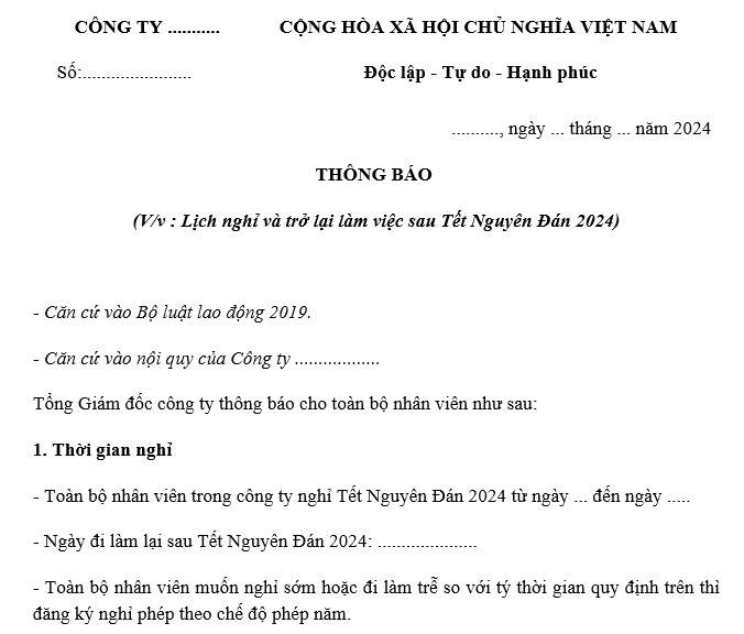 Mẫu thông báo đi làm lại sau nghỉ Tết Nguyên Đán 2024 là mẫu nào?