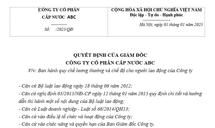 Mẫu quy chế lương thưởng, chế độ cho người lao động