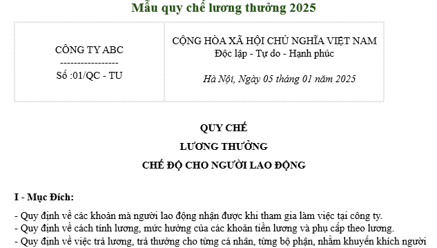 Mẫu quy chế lương thưởng, chế độ cho người lao động