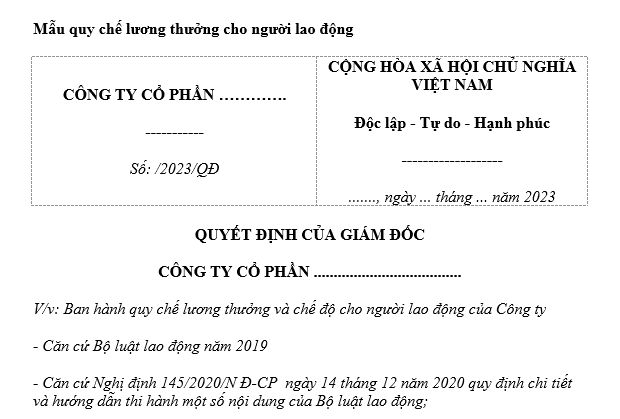 Mẫu quy chế lương thưởng, chế độ cho người lao động