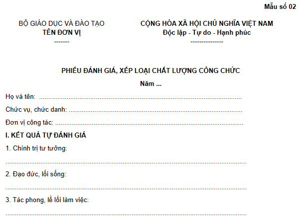 Mẫu phiếu đánh giá, xếp loại chất lượng công chức