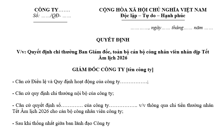 Mẫu quyết định thưởng Tết cho nhân viên 2026
