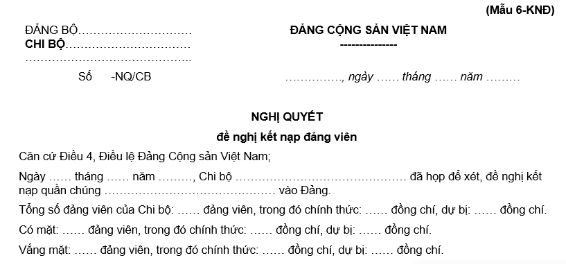 Mẫu nghị quyết đề nghị kết nạp Đảng viên Mẫu 6 KNĐ