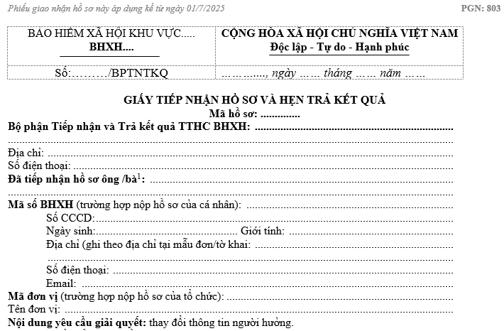 PGNHS Mẫu số 803: Thay đổi thông tin người hưởng BHXH