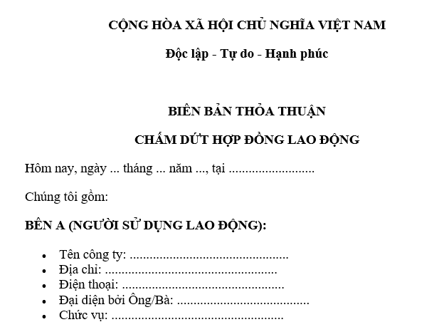 Biên bản thoả thuận chấm dứt hợp đồng lao động