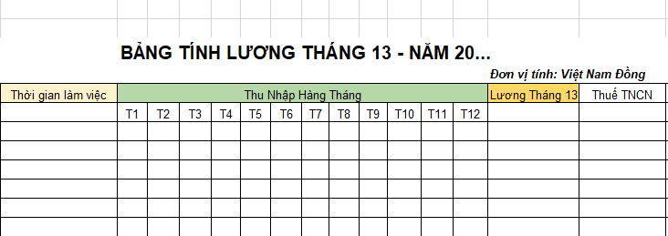 Bảng tính lương tháng 13