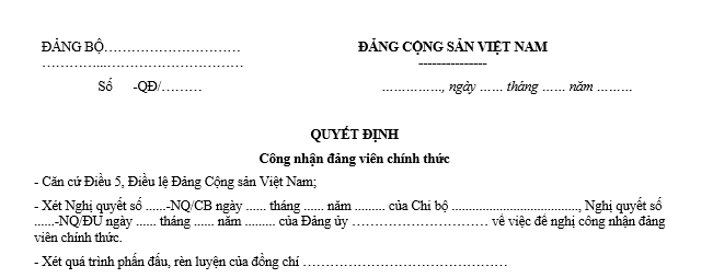 mẫu Quyết định công nhận đảng viên chính thức (của cấp ủy có thẩm quyền)