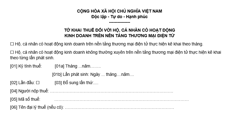 Tờ khai thuế đối với hộ, cá nhân có hoạt động kinh doanh Online