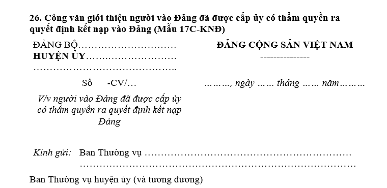 Mẫu Công văn giới thiệu người vào Đảng đã được cấp ủy có thẩm quyền ra quyết định kết nạp Đảng