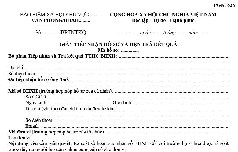 PGNHS Mẫu số: 626 (626a) Tiếp nhận và giải quyết hồ sơ rà soát sổ BHXH theo Công văn 4027/BHXH-ST