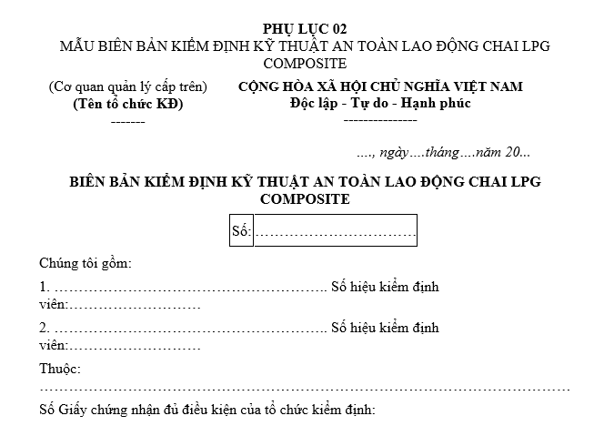 Mẫu biên bản kiểm định kỹ thuật an toàn lao động chai LPG composite