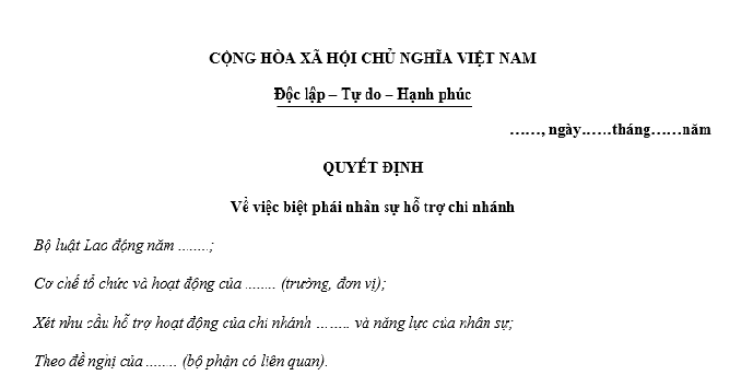 mẫu Quyết định biệt phái nhân sự hỗ trợ chi nhánh mới nhất