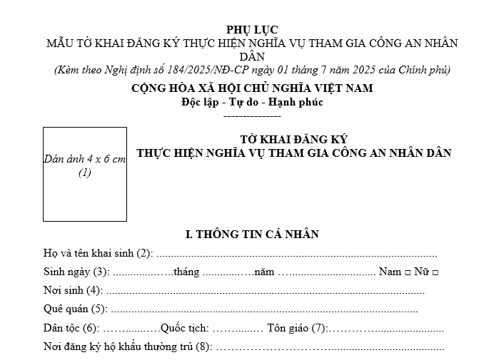Mẫu tờ khai đăng ký thực hiện nghĩa vụ tham gia Công an nhân dân mới nhất theo Nghị định 184
