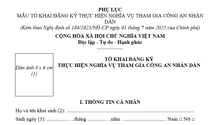 Mẫu Tờ khai đăng ký thực hiện nghĩa vụ tham gia Công an nhân dân