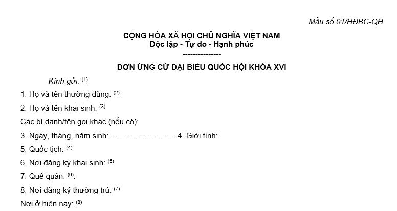 Mẫu Đơn ứng cử đại biểu Quốc hội khóa XVI