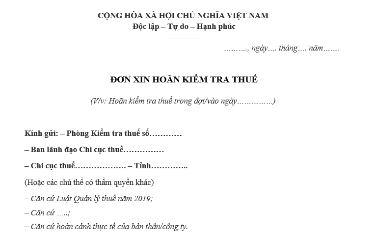 Mẫu đơn xin hoãn kiểm tra thuế