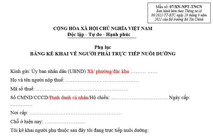 Mẫu kê khai