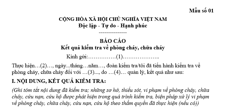 Mẫu số 01 Báo cáo kết quả kiểm tra PCCC theo Thông tư 37