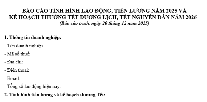 Mẫu kế hoạch thưởng Tết Dương lịch 2026, Tết Âm lịch 2026