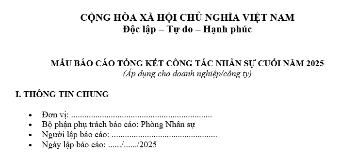Mẫu báo cáo tổng kết công tác nhân sự cuối năm 2025