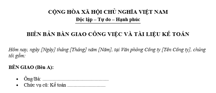 mẫu biên bản bàn giao công việc kế toán